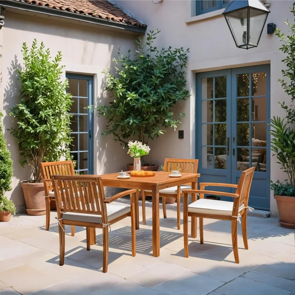 5 Piece Acacia Wood Patio Table and Chairs with Soft Cushions