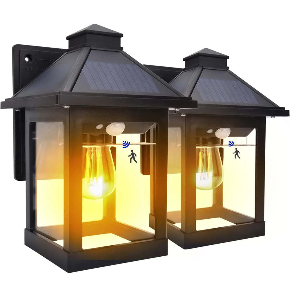 2pcs Solar Powered Wall Lanterns with 3 Modes Dusk to Dawn Motion Sensor