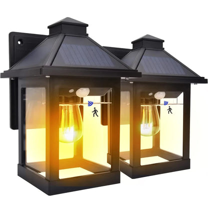 2pcs Solar Powered Wall Lanterns with 3 Modes Dusk to Dawn Motion Sensor