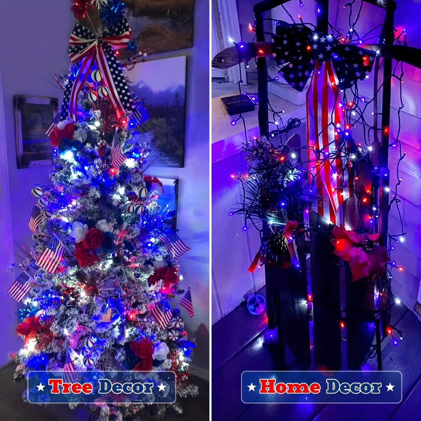 4 Pack 160ft 400LED Solar Powered Red White & Blue String Lights
