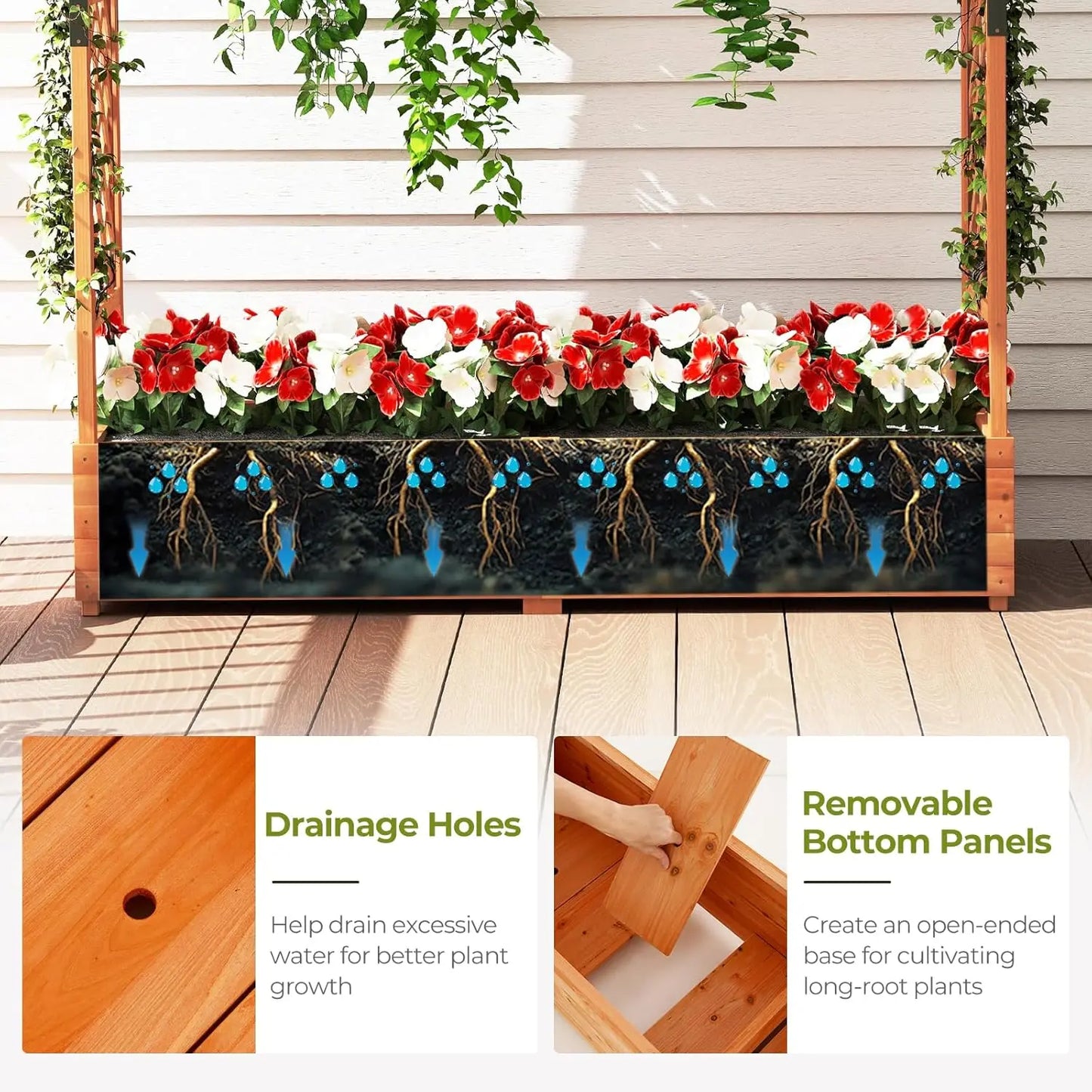 Freestanding Wood Planter Box with Trellis