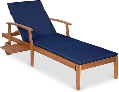 Acacia Wood Chaise Lounge w/Slide-Out Side Table and Cushion