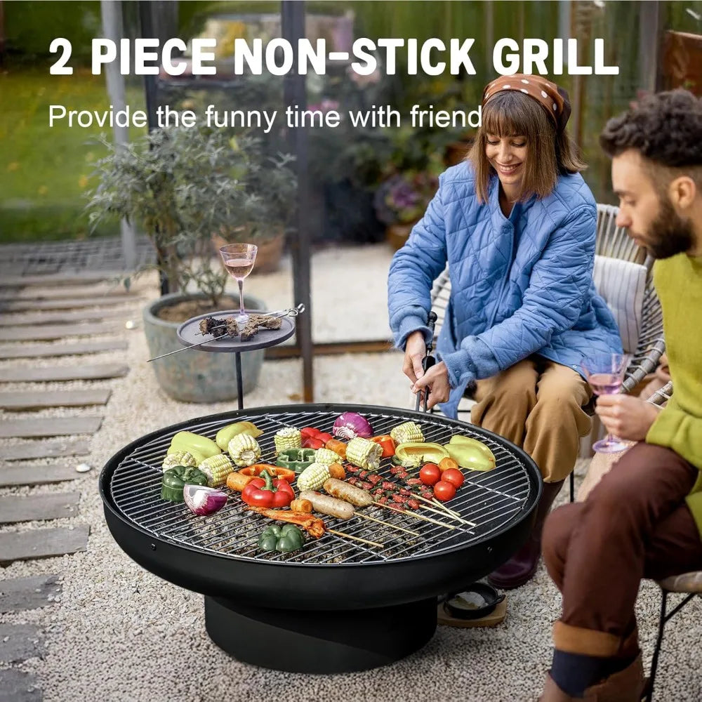 32in Outdoor Wood Burning BBQ Grill Firepit Bowl with Cover Lid