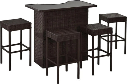 5 Pcs Rattan Wicker Bar Set with Glass Tabletop 2 Tier Storage Shelf