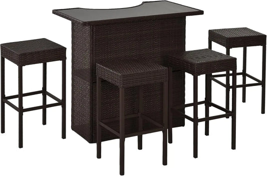 5 Pcs Rattan Wicker Bar Set with Glass Tabletop 2 Tier Storage Shelf