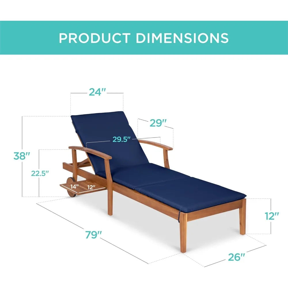 Acacia Wood Chaise Lounge w/Slide-Out Side Table and Cushion