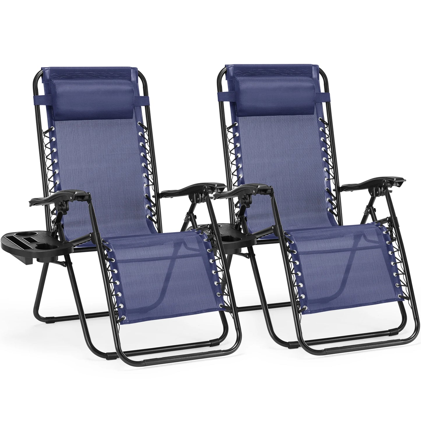 Set of 2 Zero Gravity Portable Lounge Chair with Cup Holder Trays Adjustable Pillow