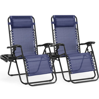 Set of 2 Zero Gravity Portable Lounge Chair with Cup Holder Trays Adjustable Pillow