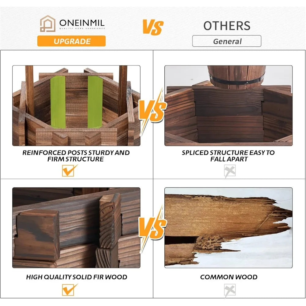 Outdoor Wooden Wishing Well Planter with Hanging Bucket for Flower and Plants