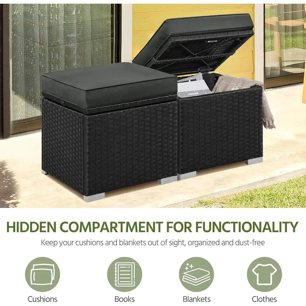 Wicker Ottomans, Set of 2 with Hidden Storage & Removable Cushion