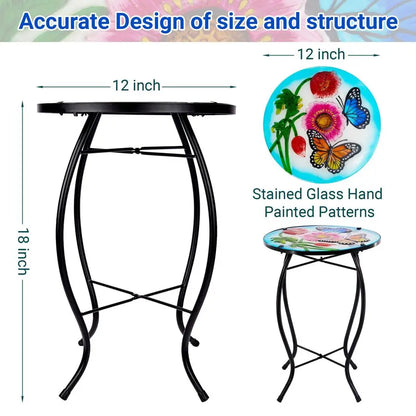 12 Inch Round Butterfly Glass Top Side Table