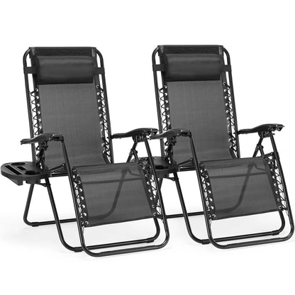 Set of 2 Zero Gravity Portable Lounge Chair with Cup Holder Trays Adjustable Pillow