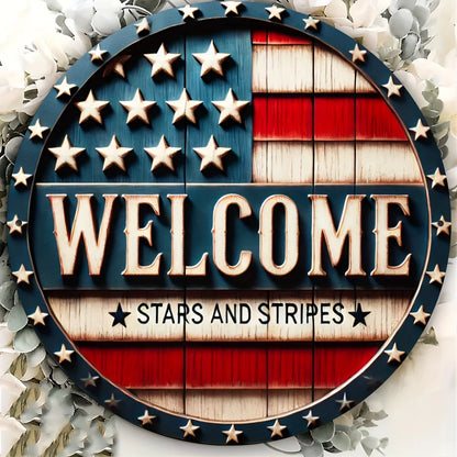 Patriotic Round Metal Welcome Sign