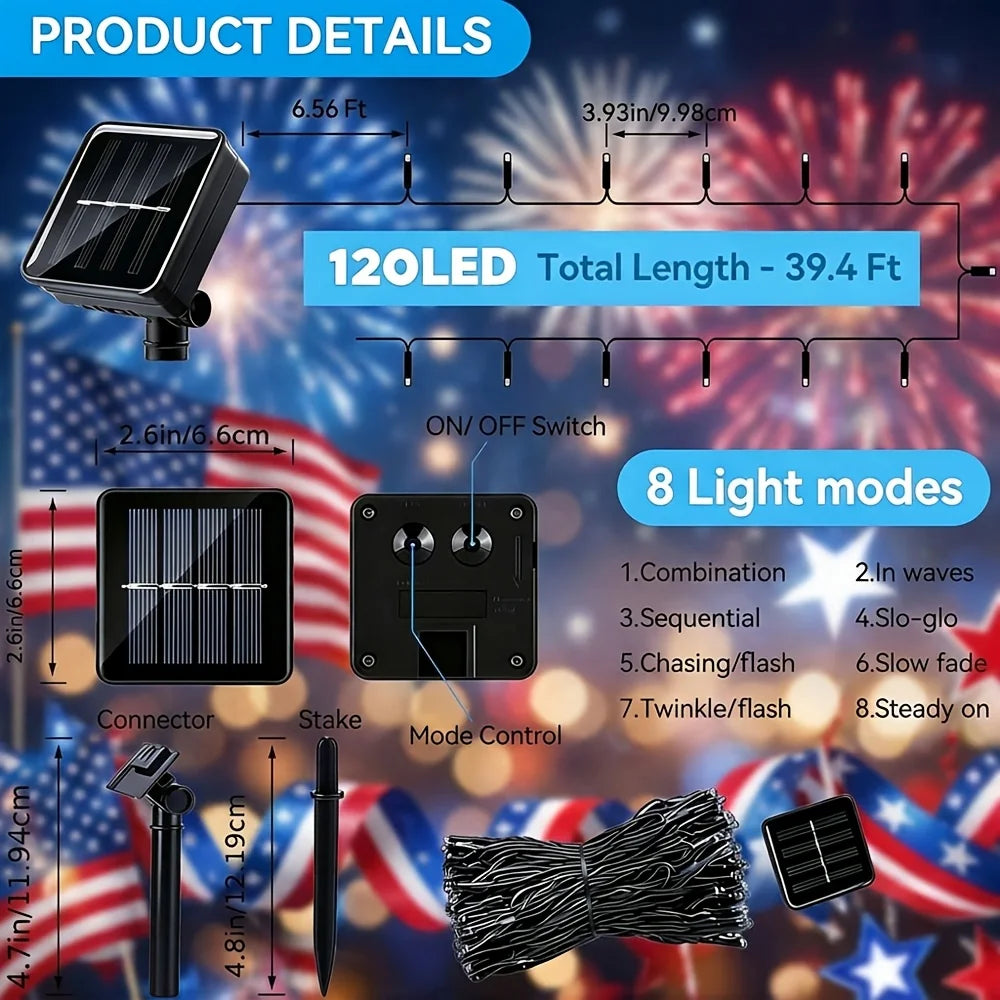 Patriotic Red White Blue LED String Lights