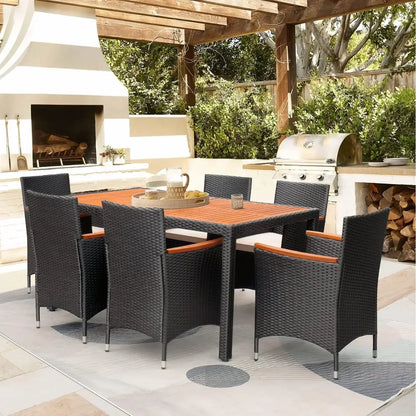 7 Piece Patio Dining Set Outdoor Acacia Wood Table and Chairs with Soft Cushions