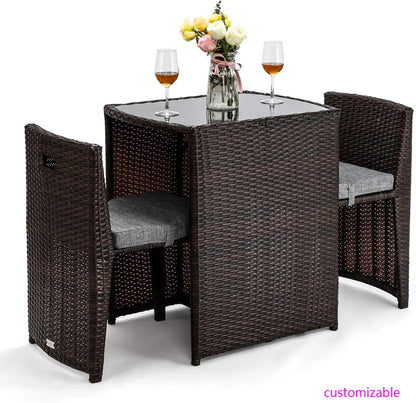 3 PCS Wicker Outdoor Patio Bistro Set for Small Space with Glass Top Table