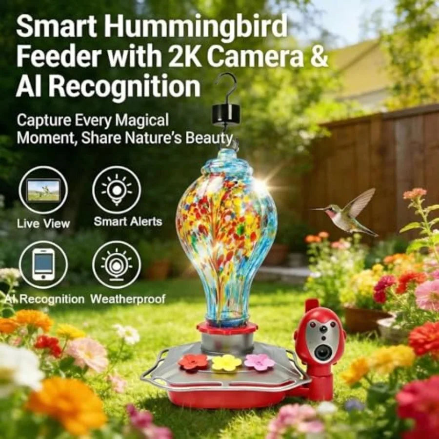 Smart Glass Hummingbird Feeder with Solar Powered Camera