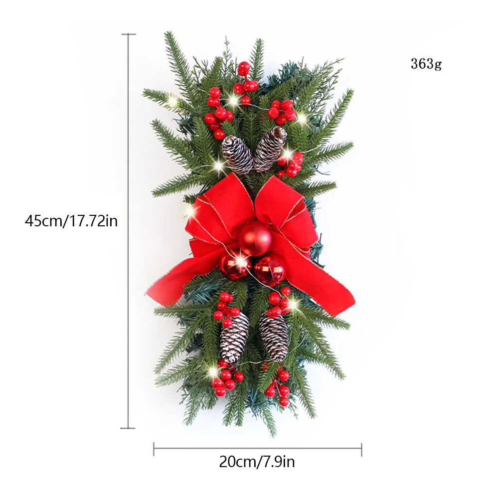 Artificial Prelit Stairway Trim with Pinecones&Bowknot Bells Christmas Decor Wreath for Stair Front Door Decoration