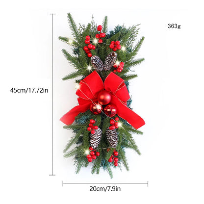 Artificial Prelit Stairway Trim with Pinecones&Bowknot Bells Christmas Decor Wreath for Stair Front Door Decoration
