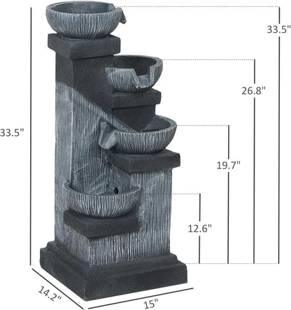 33.5" Tall, 4-Tier Floor Standing Resin Cascading Bowls Waterfall Fountain with LED Lights