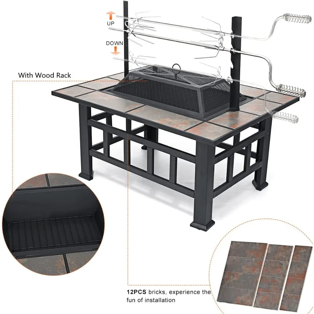 37 Inch Outdoor Square Wood-Burning Fire Pit with Grill