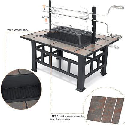 37 Inch Outdoor Square Wood-Burning Fire Pit with Grill