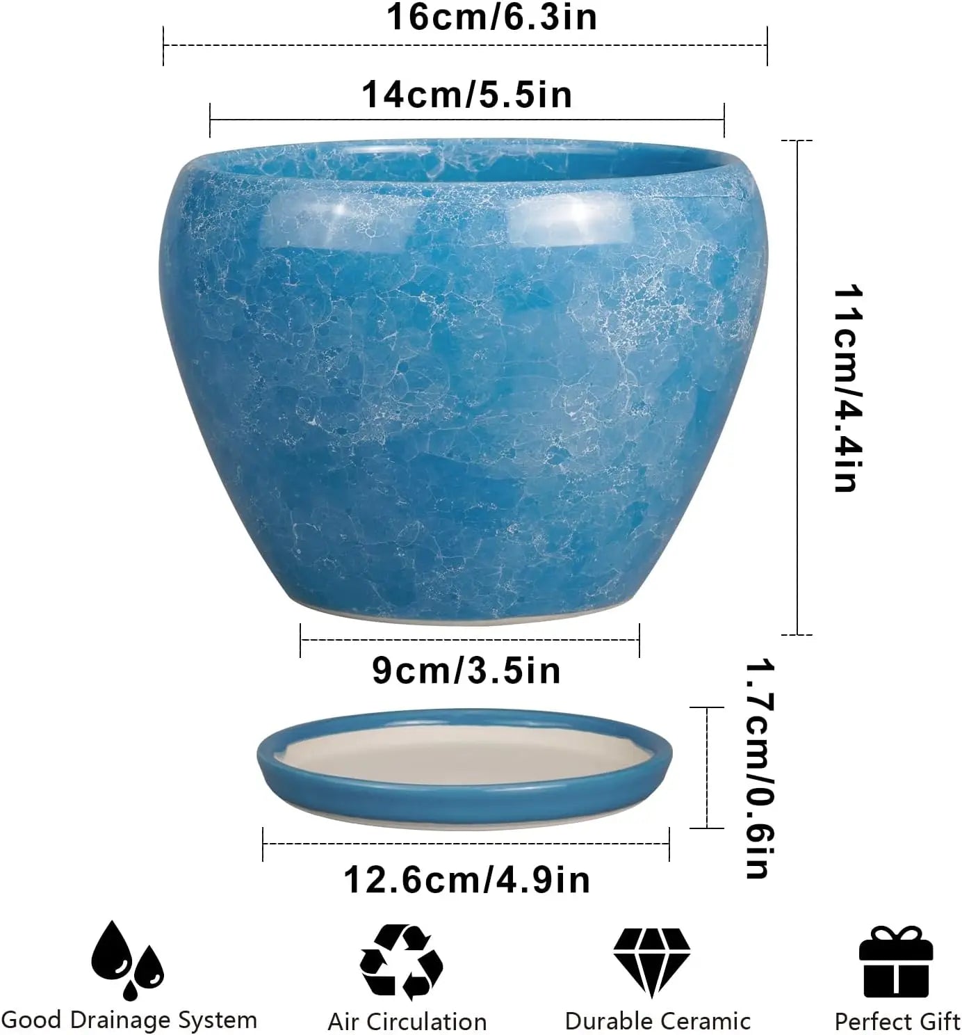 6 Inch Ceramic Plant Pot with Drainage Hole & Saucer