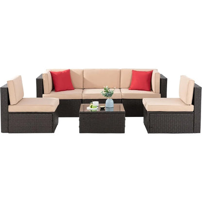6 Pieces Patio garden furniture set w/Glass Table, Ottoman, Cushion and Pillows