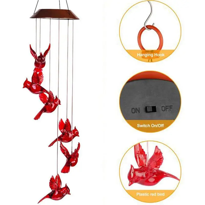 Creative Cardinal Wind Chimes With 6 Solar LED Lights