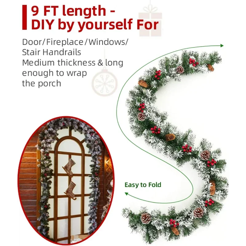 9 FT Christmas Garland with Pinecones and Red Berries