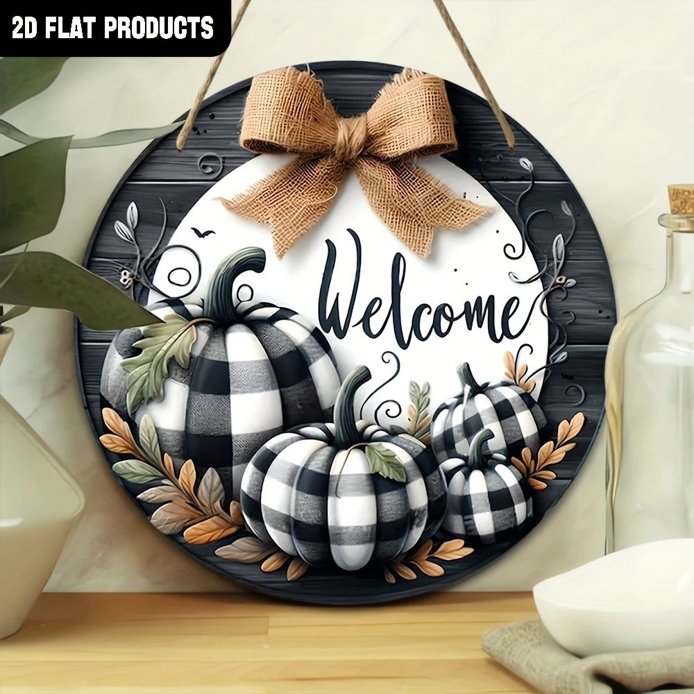 Wooden wall welcome sign wreath pumpkin design