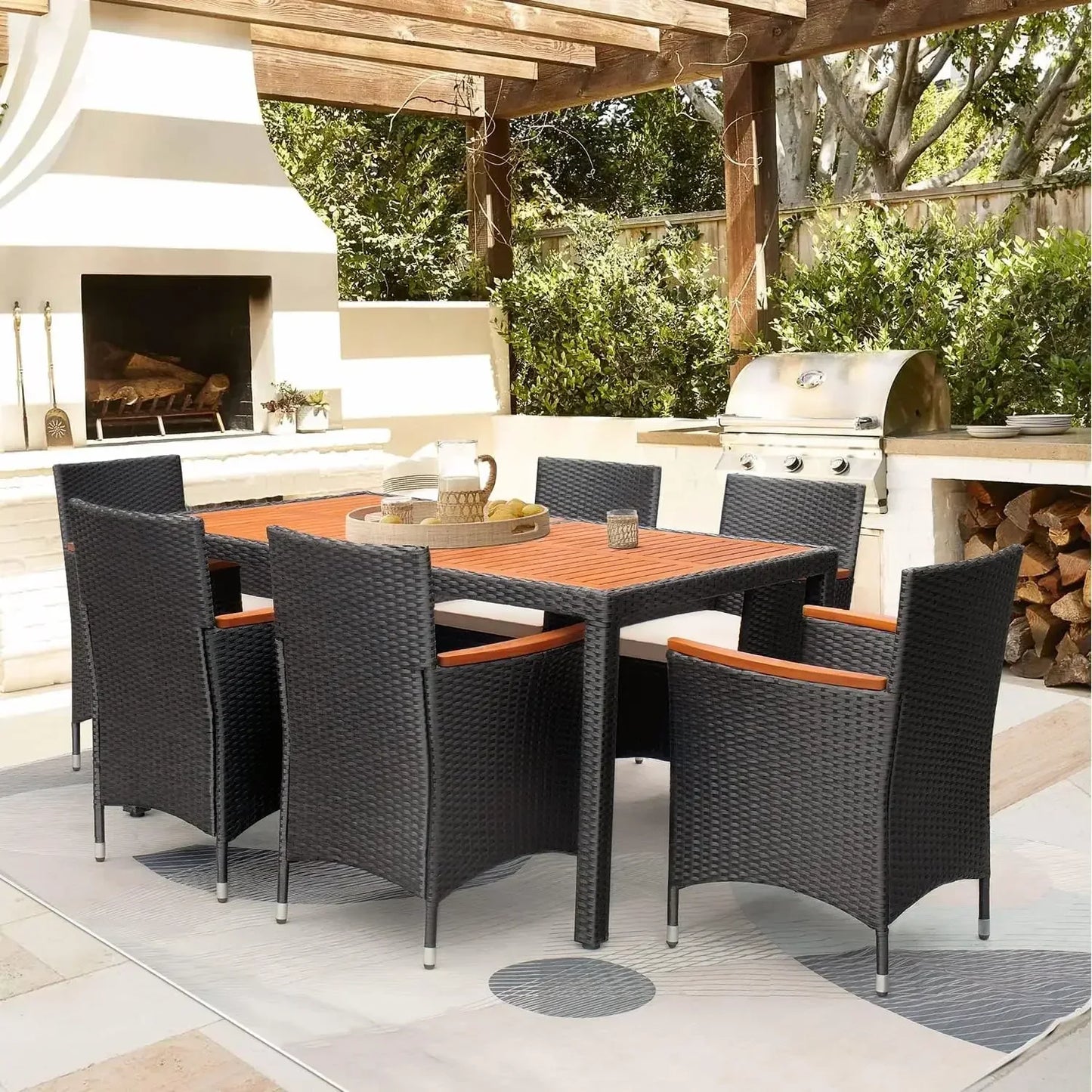 7 Piece Patio Dining Set Outdoor Acacia Wood Table and Chairs with Soft Cushions