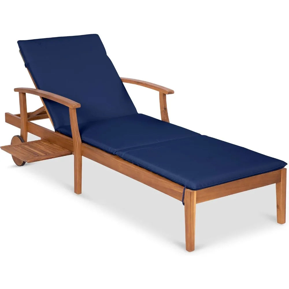 Acacia Wood Chaise Lounge w/Slide-Out Side Table and Cushion