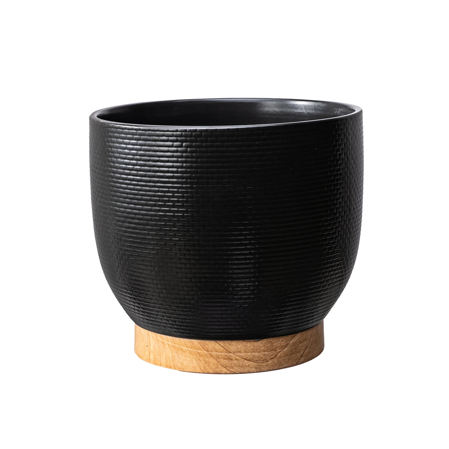10 inch black ceramic planter with woven texture and modern design