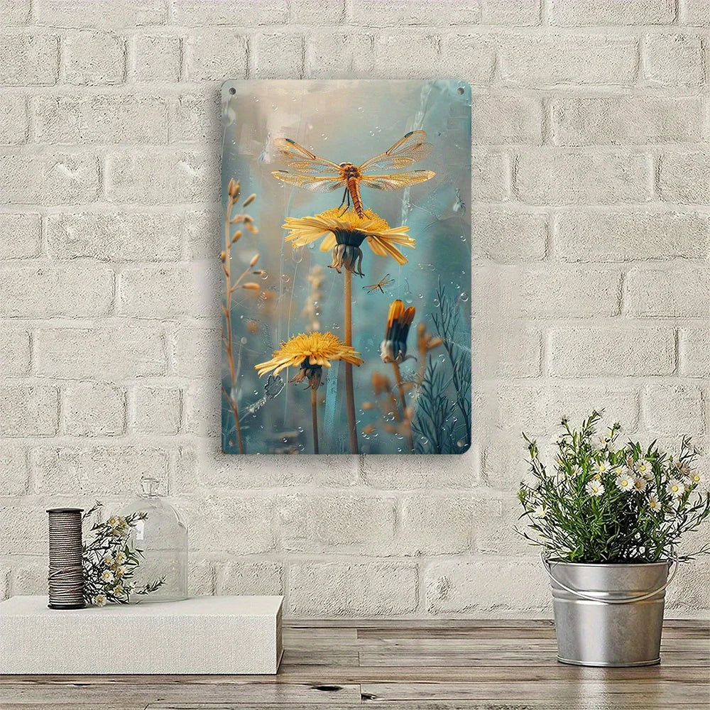 1PC Dandelion and Dragonfly Vintage Metal Plaque  8x12 Inches