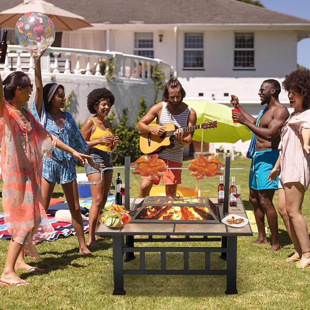 37 Inch Outdoor Square Wood-Burning Fire Pit with Grill