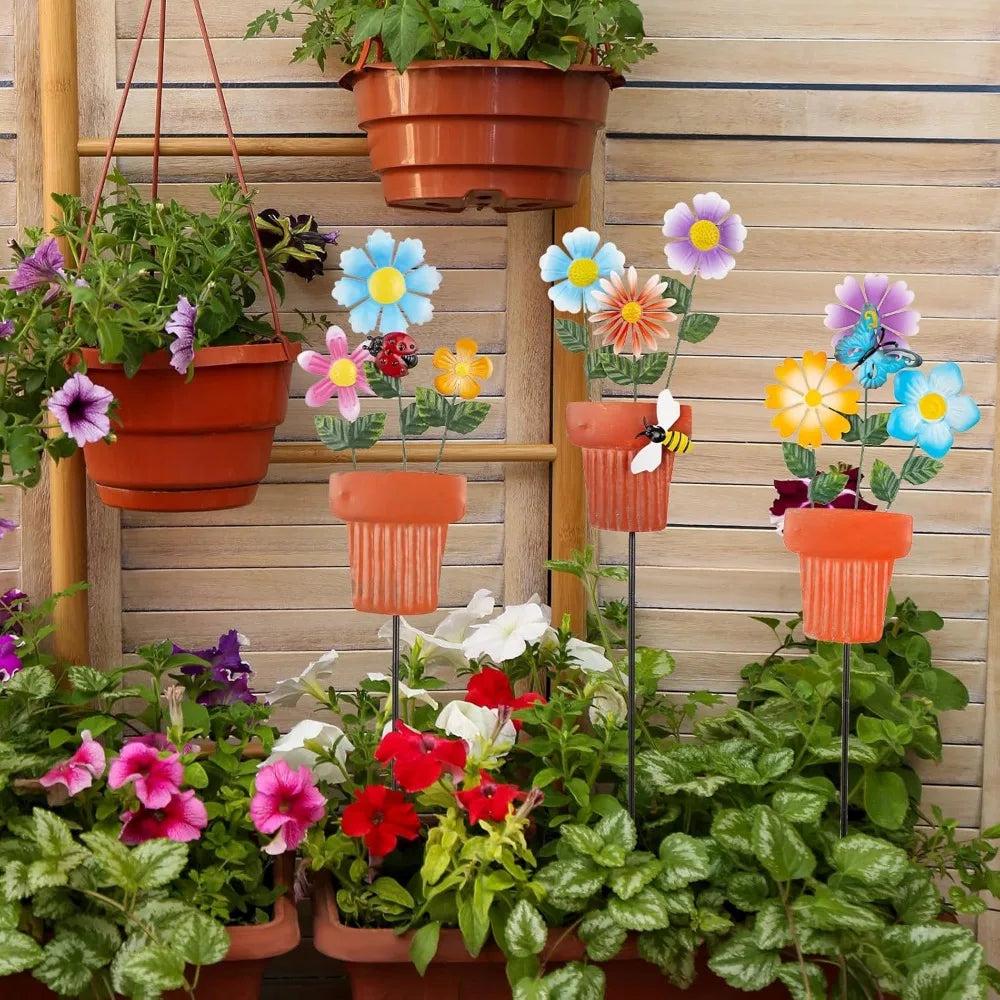 3 Pcs 24" H Flowerpot Shape Decorative Garden Stakes
