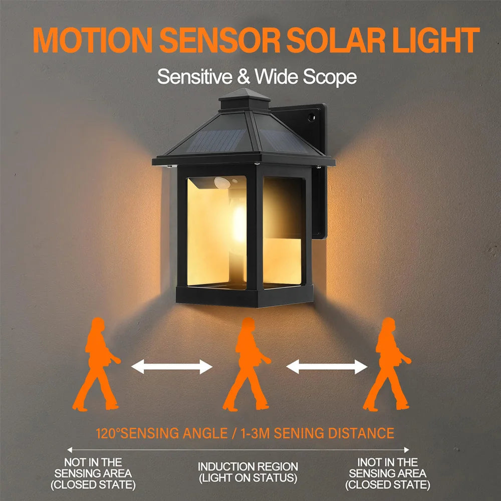 2pcs Solar Powered Wall Lanterns with 3 Modes Dusk to Dawn Motion Sensor