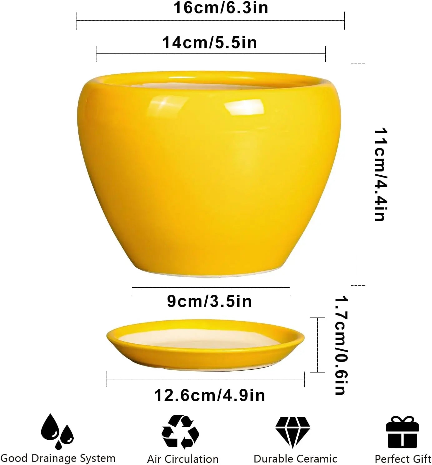 6 Inch Modern Yellow Ceramic Plant Pot with Drainage Hole and Saucer