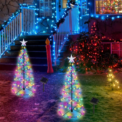 2 Pack Solar-Powered Spiral Christmas Trees with Multicolor LED Lights for Outdoor