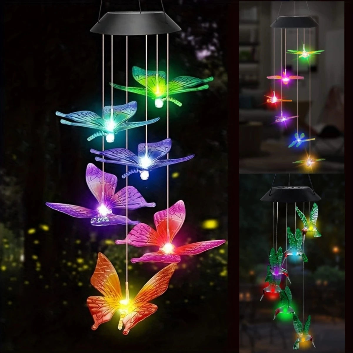 1PC Led Color Changing Butterfly Dragonfly Hummingbird Solar Wind Chimes