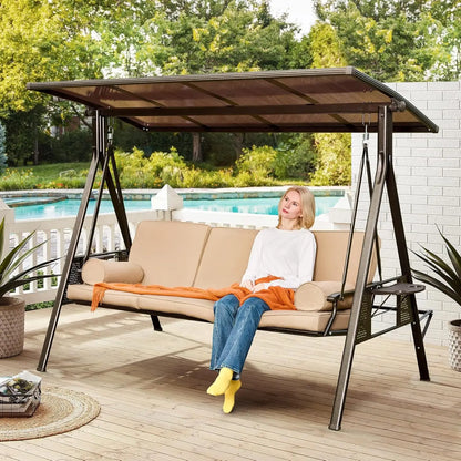 3 Seat Patio Swing with 2 Side Cup Holder, Cushion, and 2 Pillows
