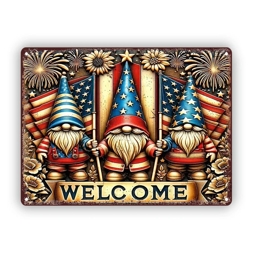 Vintage Patriotic Gnome Welcome Sign