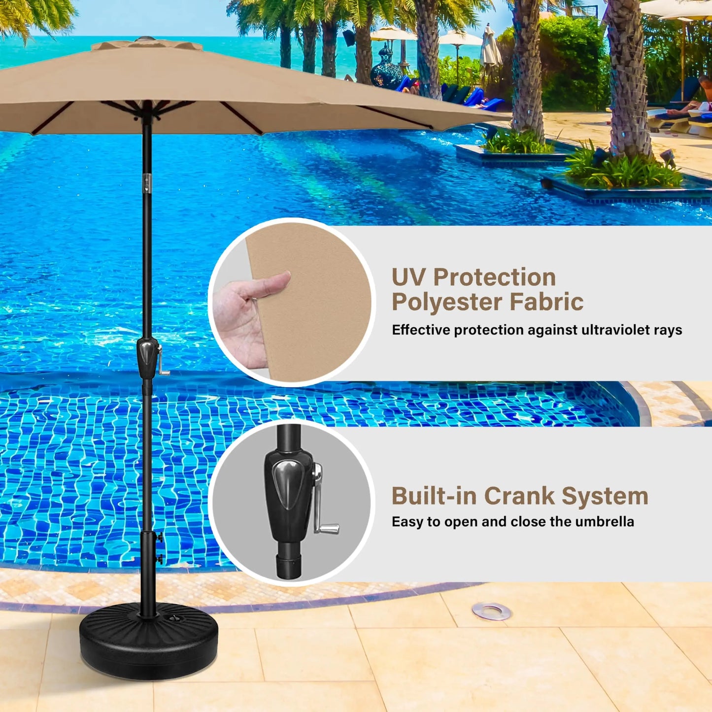 9' Outdoor Patio Umbrella, Push Button Tilt and Crank for Garden