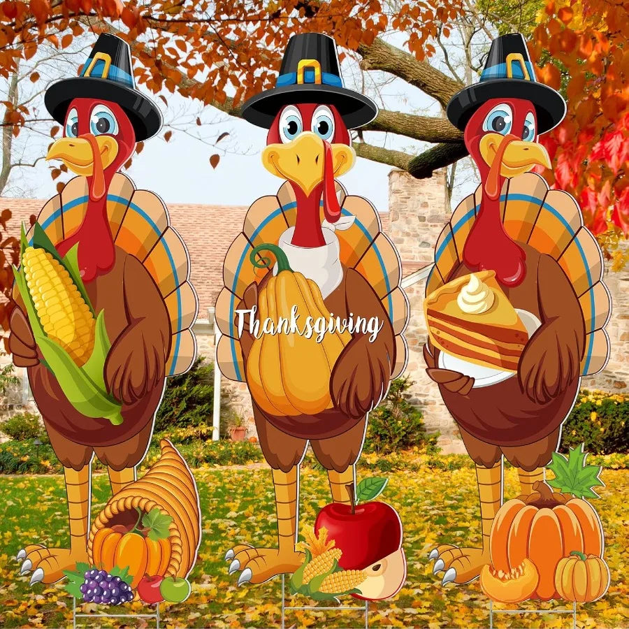 3 Pcs Thanksgiving, 32 x 10 Inch Harvest Turkey Outdoor Lawn Sign