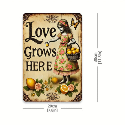 Vintage Style Love Grows Here Metal Sign
