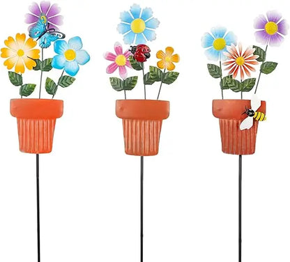 3 Pcs 24" H Flowerpot Shape Decorative Garden Stakes