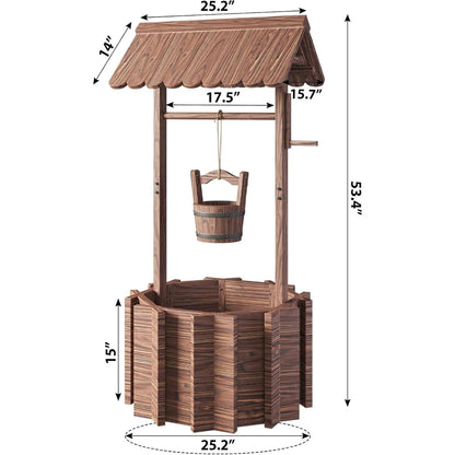 Outdoor Wooden Wishing Well Planter with Hanging Bucket for Flower and Plants