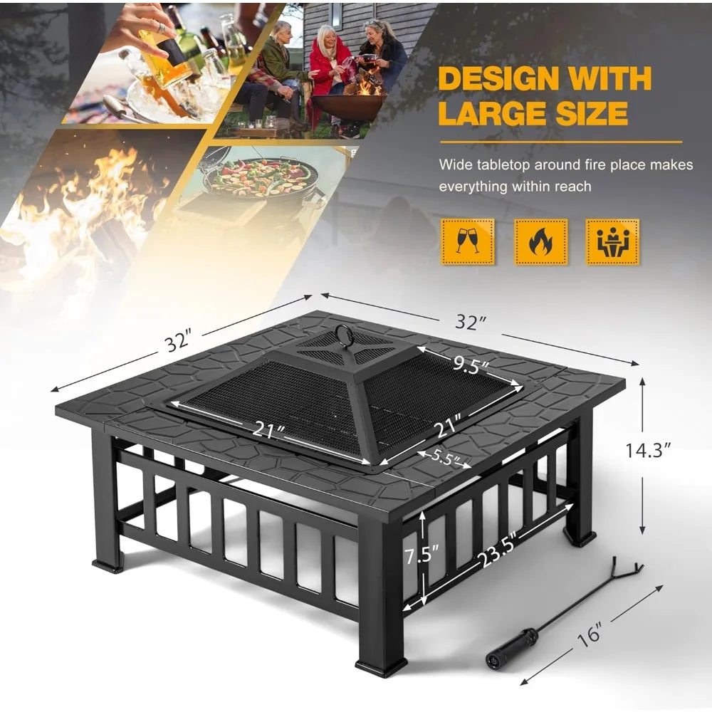 Firepit Table Metal Outdoor Fireplaces with Waterproof Cover