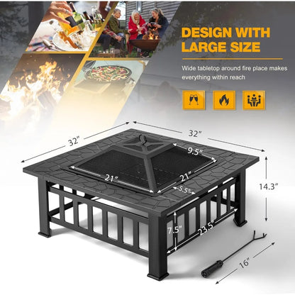 Firepit Table Metal Outdoor Fireplaces with Waterproof Cover